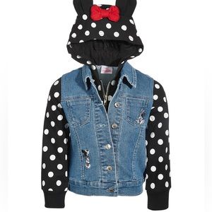 Girl's Disney Jr. Minnie Mouse Hooded Denim Jean Jacket Black White Dots Size 4